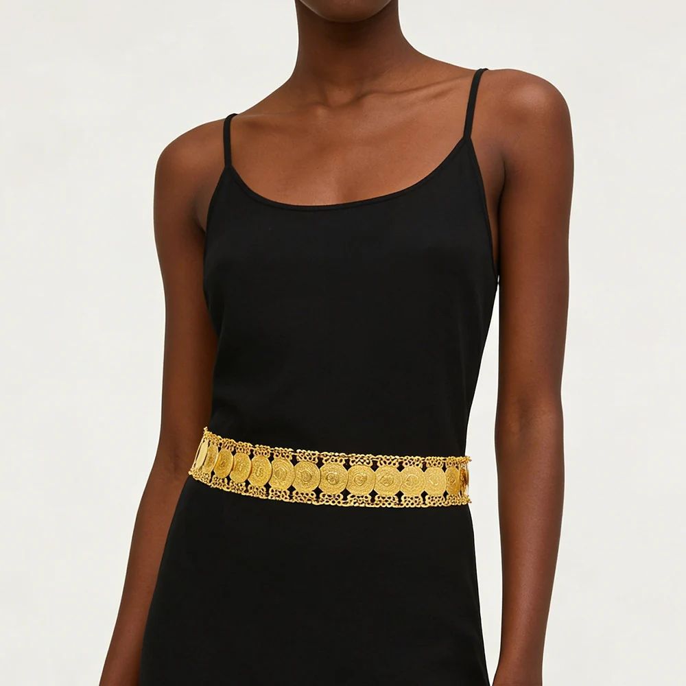 الذهبي طبقة واحدة عملات الخصر البطن سلاسل الأزياء العربية الشرق الأوسط الكردية الملابس العرقية حزام الجسم مجوهرات اكسسوارات