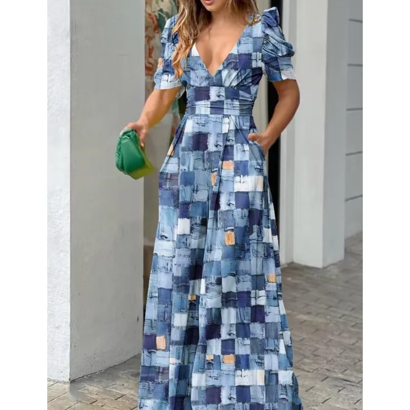 Women's New Summer Fashion Printed Jumpsuits Sexy V-Neck Wide Leg Pants Outfits Casual Temperament Elegant Long Pants Jumpsuits