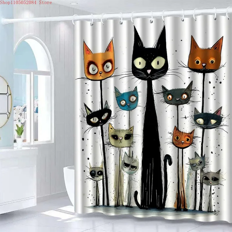 a cute shower curtain featuring a kitten design complete-   With Hooks Waterproof Mildew Proof Easy Install Washable