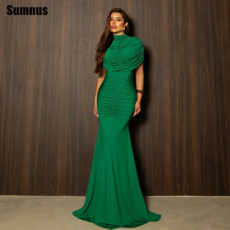 

Sumnus Elegant Green A-Line Evening Dress Pleats High Neck Maxi Sleeveless Prom Dresses 2026 فساتين سهرة Customized