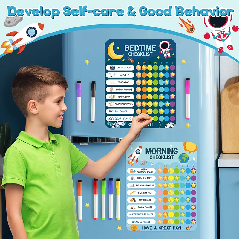 154pcs Outer Theme Morning Bedtime Routine Chart Decor Sign Daily Routine Checklist Schedule Board Magnetic Dry Erase Daily Chor