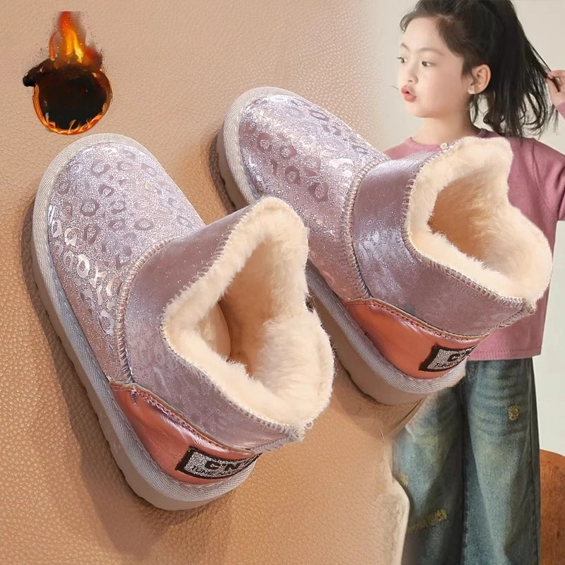 Girls Snow Boots Size 26-36 Pink Padded Thickened Warm Cotton Shoes Winter Lightweight Non-slip Children's Short Leather Boots