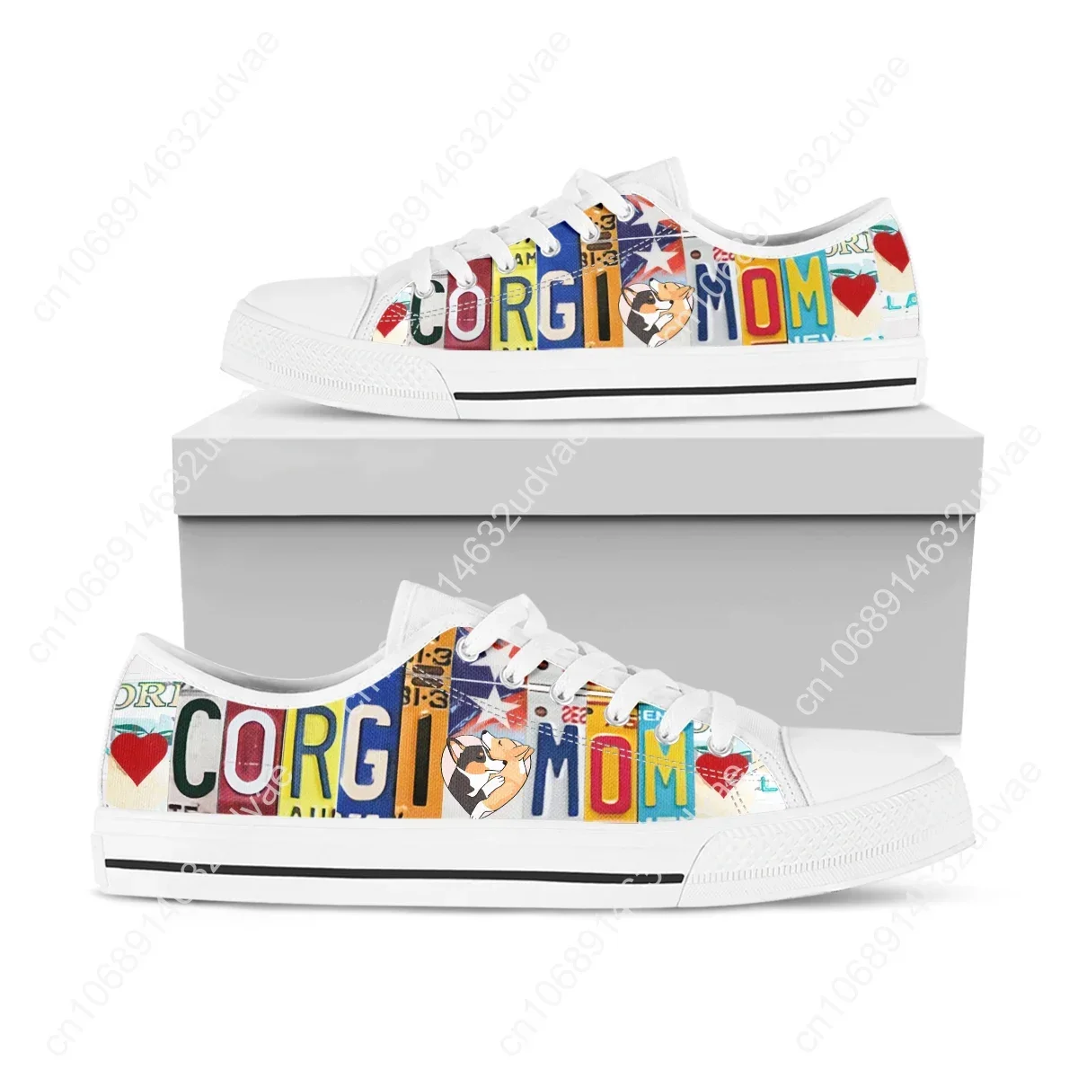 Sapatilhas Corgi Low Top para mulheres e adolescentes, tênis casual de lona, sapatos Corgi leves, impresso em 3D, placa de licença