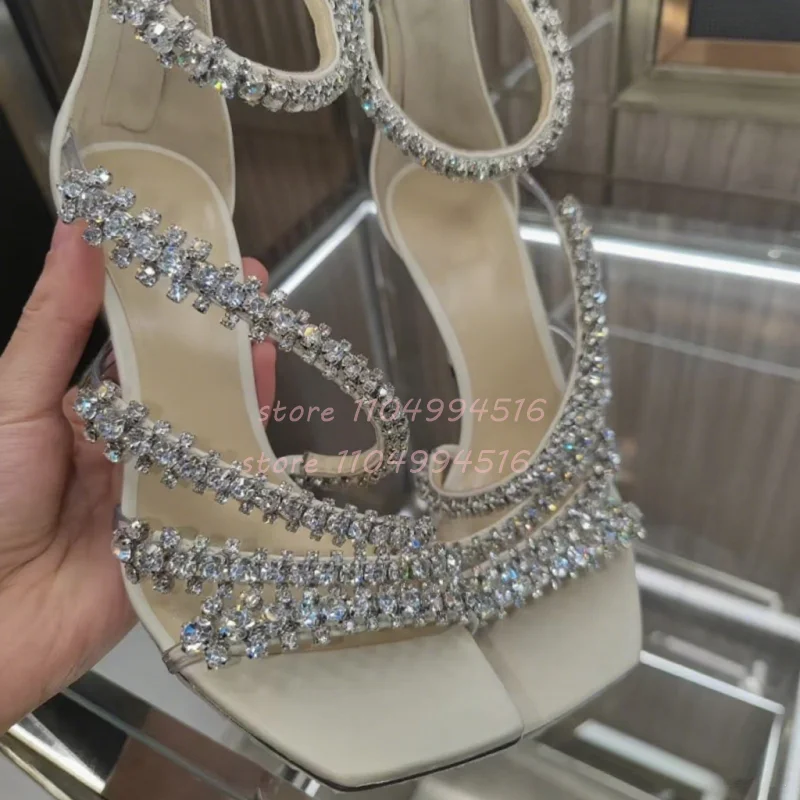 Sandalias de tacón con cubierta de una correa y cadena de cristal para mujer, zapatos de vestir de fiesta de lujo sexys con punta abierta y cremallera trasera, tacones finos