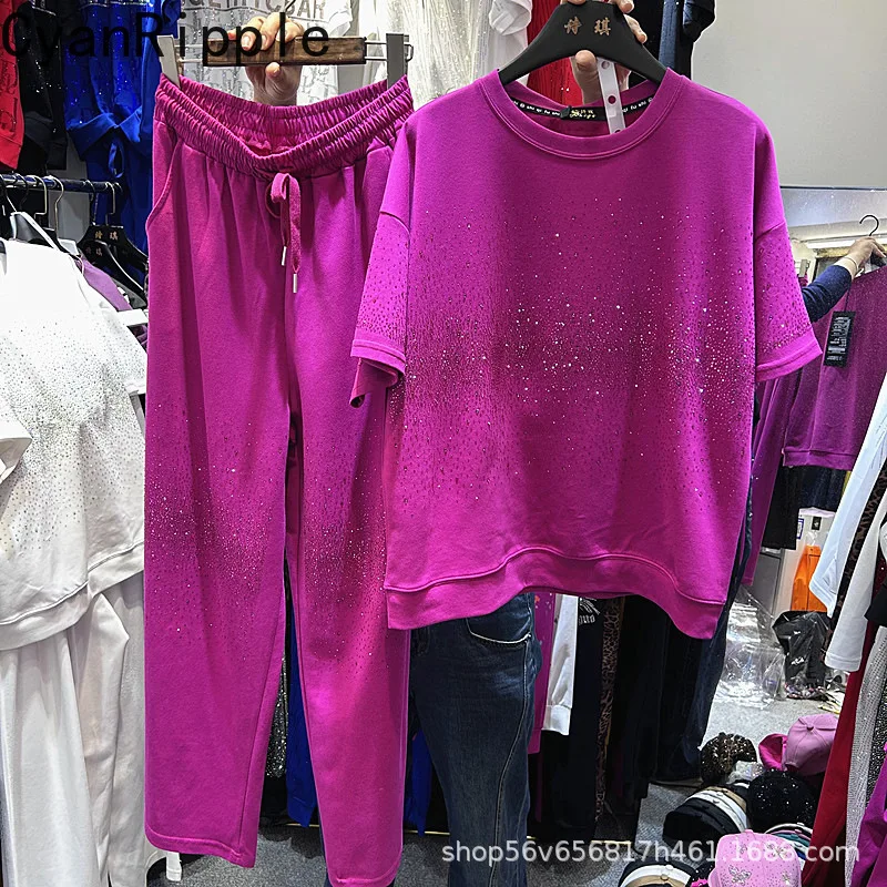 

New Spring Summer Women Two-piece Set Shiny Diamonds O-neck White Short Sleeve T-shirt Top + Elastic Waist Casual Wide Leg Pants