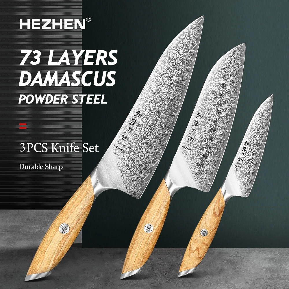 

HEZHEN 3PC Kitchen Knife Set 73 Layers Composite Damascus Steel Beautiful Gift Box Chef Utility Knives Olive Wood Handle