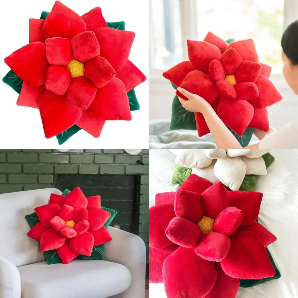 

Красная плюшевая декоративная подушка в форме пуансетии - уникальный рождественский декоративный акцентный элемент