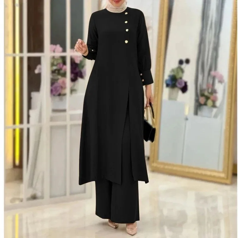 ปุ่มด้านข้างเสื้อกางเกงขากว้างชุดเจียมเนื้อเจียมตัวมุสลิม 2 ชิ้น Abaya ชุดธรรมดาแขนยาวดูไบ Eid ชุด PLUS ขนาดสูง Fit