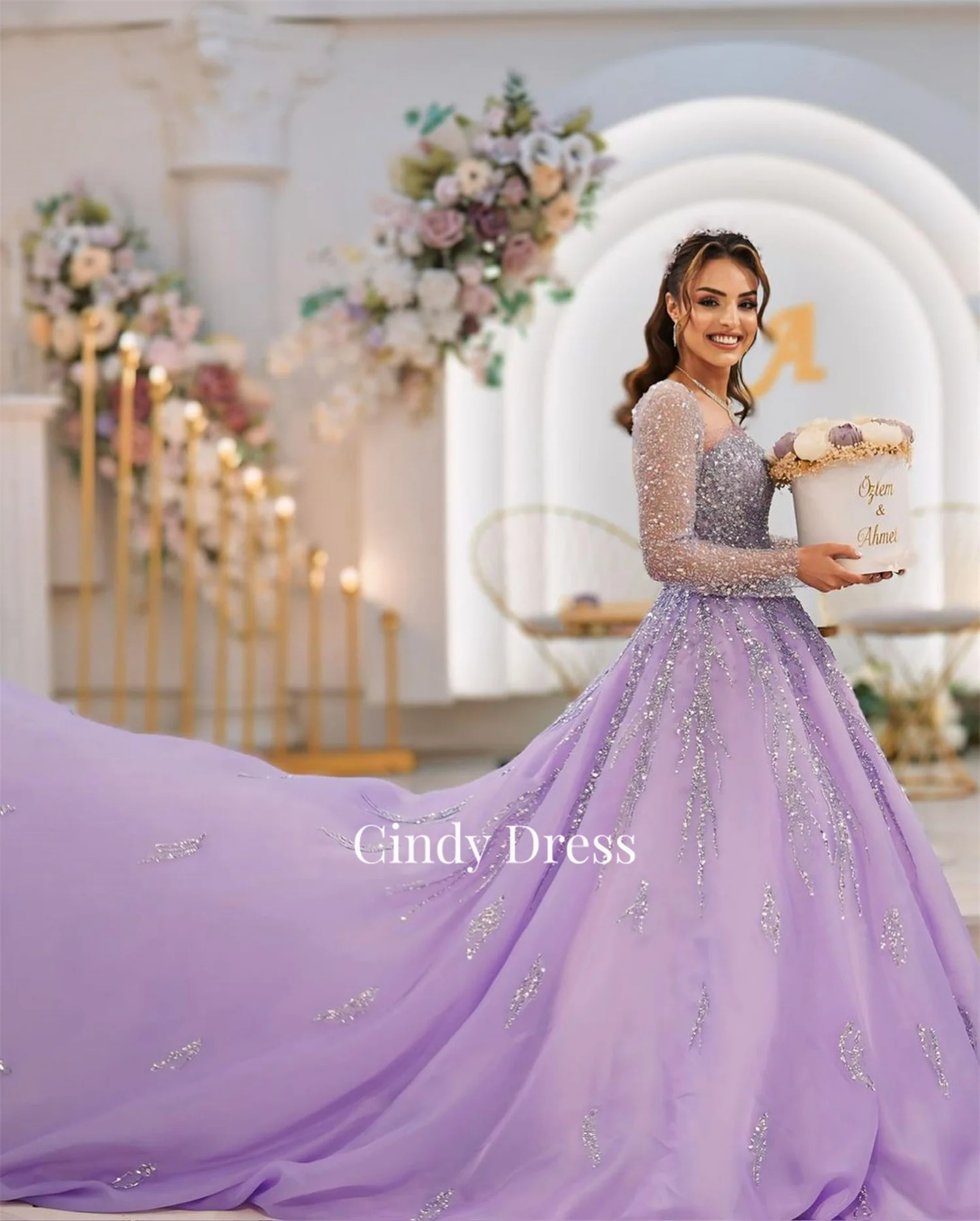 Shiny A-line Long Sleeves Purple Customized Elegant Party Dresses Woman 2024 Evening Gala Prom Wedding Dress Graduation Saudi