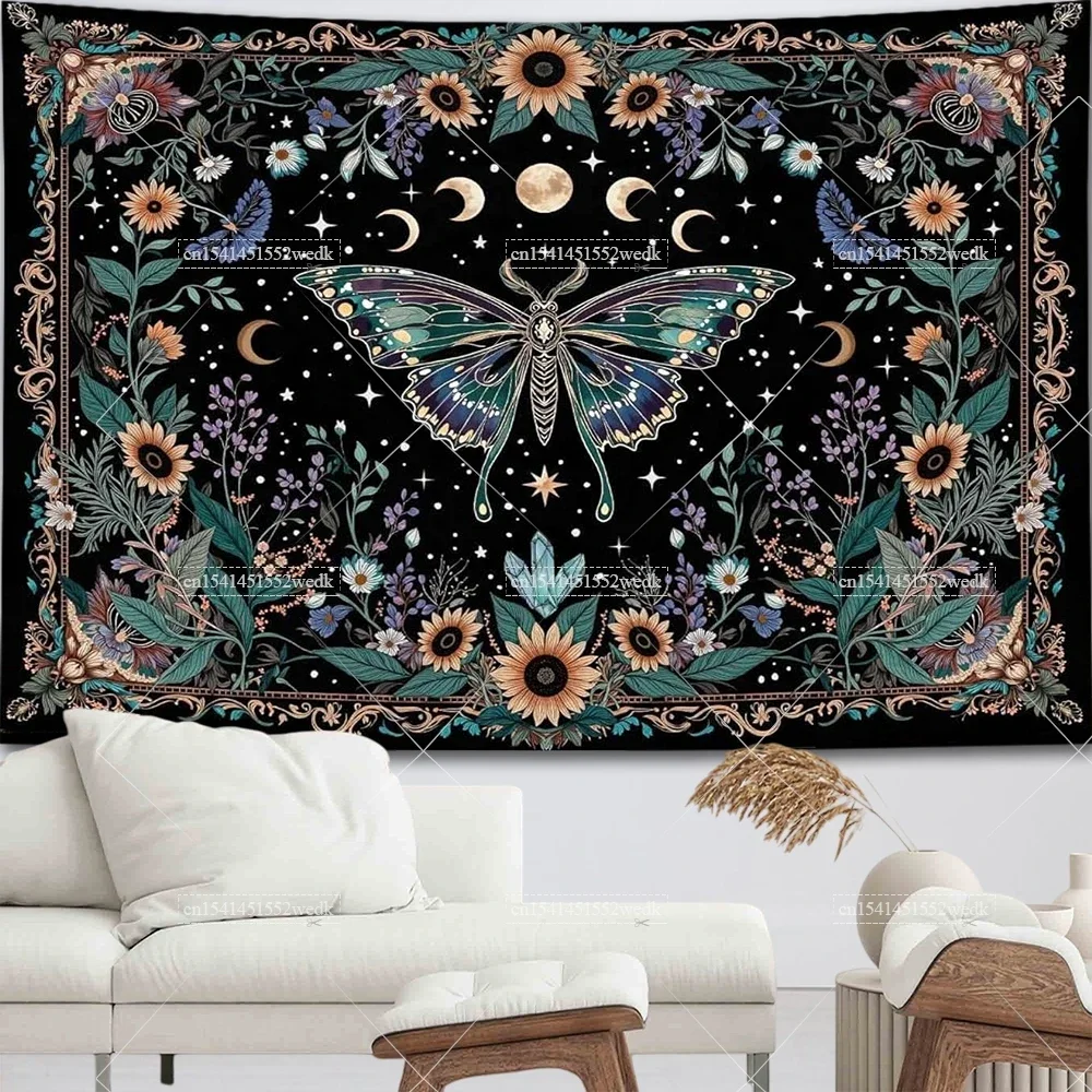 Boho Butterfly Sun Wall Hanging Tapestry Vintage Aesthetic Moth Botanical Witchy Flowers Tapestries Room Decor Altar Cloths
