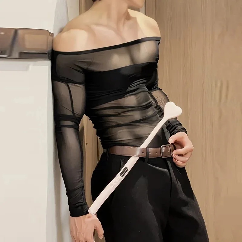 Mens Off Shoulder Sheer Mesh Long Sleeve T‑shirt Slim Stretch See Through Transparent Top Nightclub Party Casual Pullover Tee