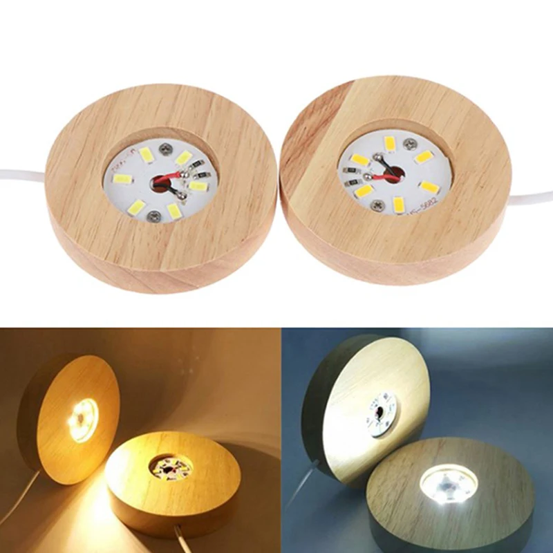 Wooden LED Light Dispaly Base Crystal Glass Resin Art Ornament Wooden Night Lamp Base LED Light Rotating Display Stand 7/8cm