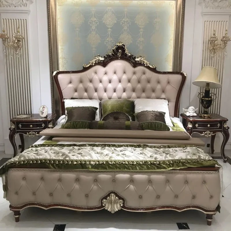 

Кожаная кровать в европейском стиле, главная спальня, роскошная резная брачная кровать из цельного дерева, кровать принцессы, новый классический первый слой из воловьей кожи