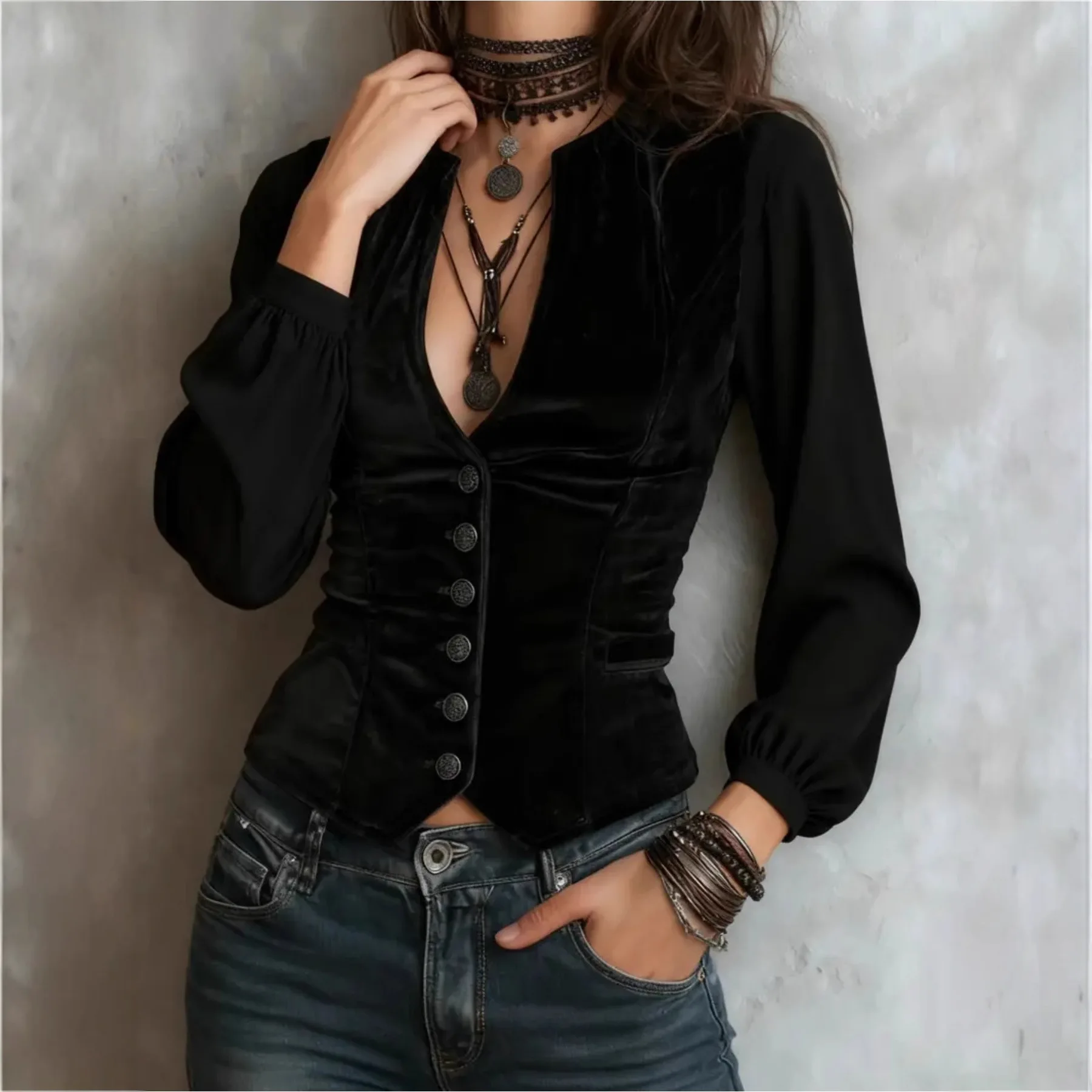 

Autumn Solid Color Velvet Women's Jacket Coat Elegant V Neck Single Breasted Lantern Sleeve Slim Streetwear Outerwear Coats