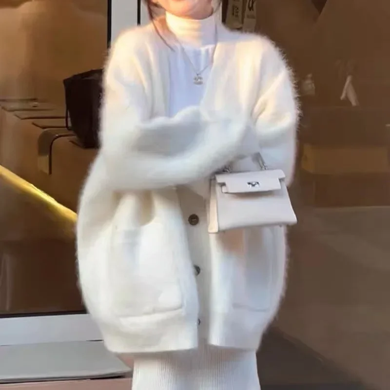 

Korean Solid Woman Fluffy Cardigan Soft Long Sleeved Loose Sweet Cashmere Sweater Coat Autumn Button Female Chic Knitted Top