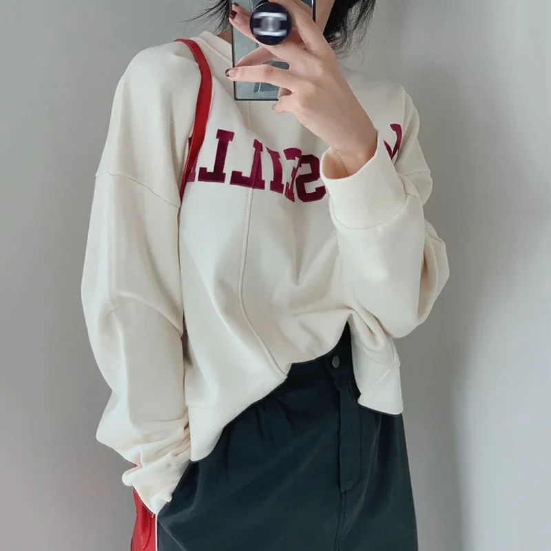 Donne coreane Kawaii Patchwork Chic felpe corte top Casual allentato Vintage lettera stampa girocollo Pullover femminile Ulzzang