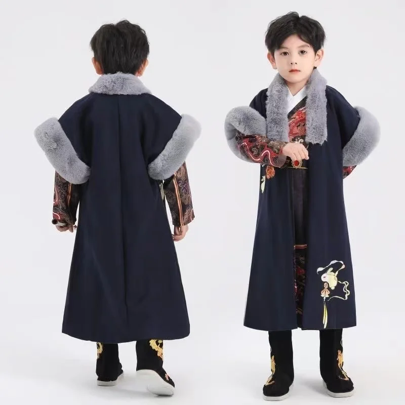 Boys Hanfu Winter Thicken Traditional Chinese Clothing Ancient Children's Dress Cloak Large Fur Collar Outfits Kids