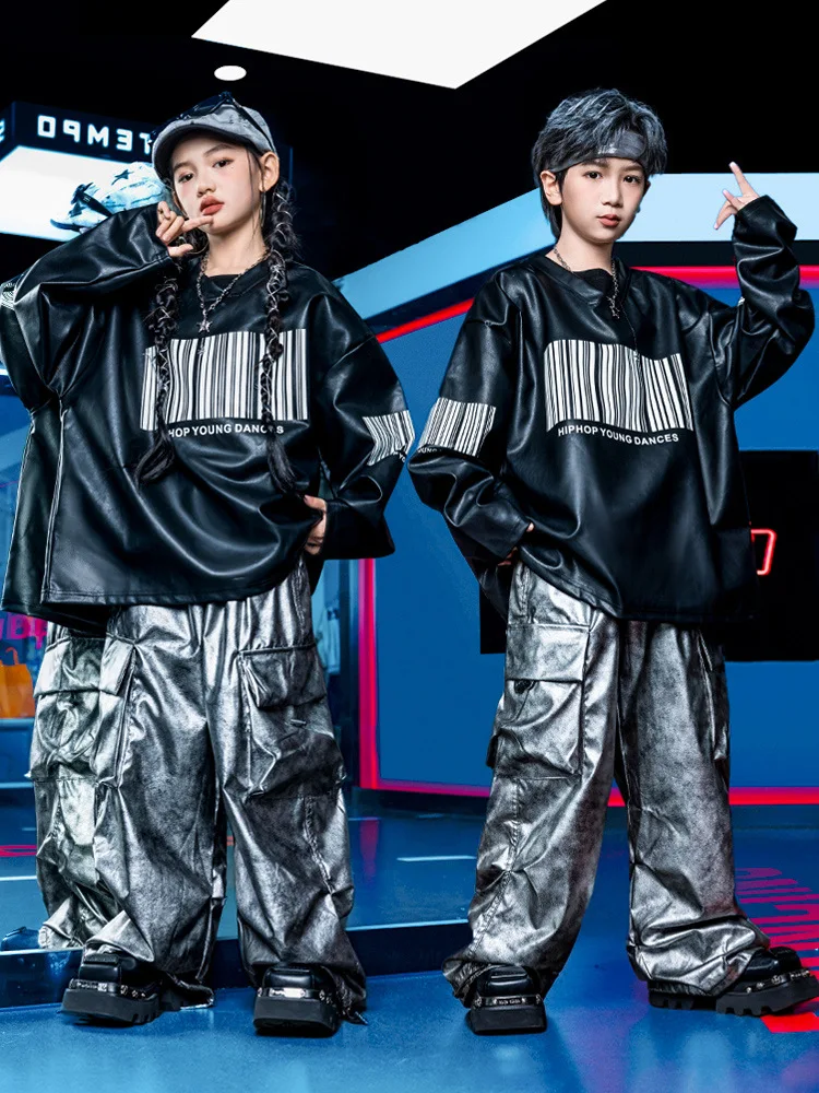 Ropa de Hip Hop Kpop para chico, sudadera de piel sintética negra, pantalones Cargo de paracaídas con tinte plateado para niña y niño, trajes de baile, ropa