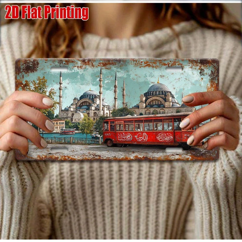 مسطح ثنائي الأبعاد، مسطح ثنائي الأبعاد - قطعة واحدة من لوحة ترخيص الألومنيوم/علامة معدنية عتيقة بتصميم ترام اسطنبول فن جداري خارجي #6