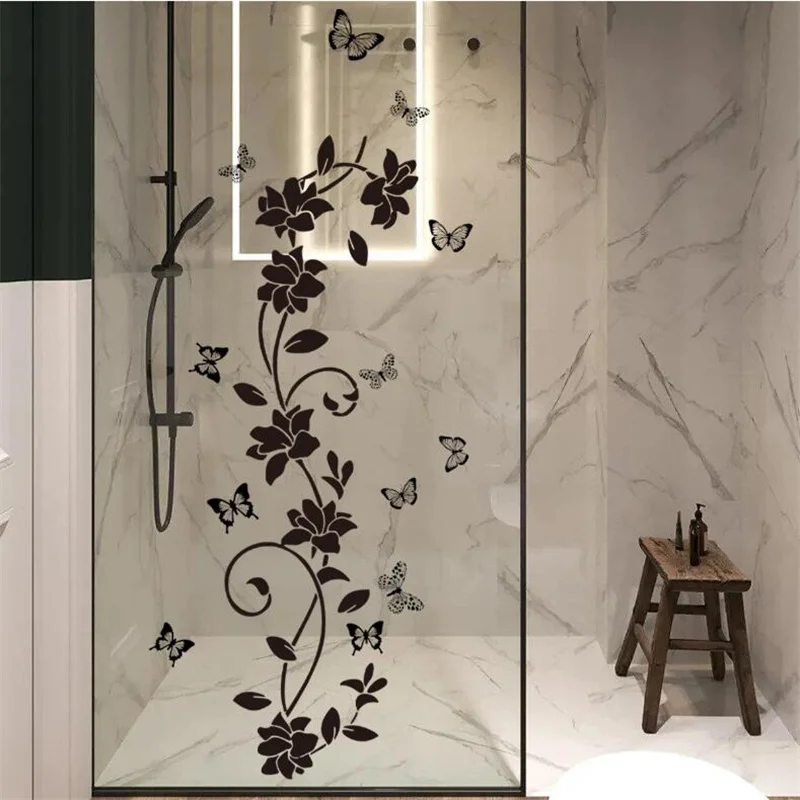 Black Flower Butterfly Wall Sticker Self-Adhesive Bathroom Glass Door Sticker Bathtub Bedroom Background 90x30 Cm Decorative