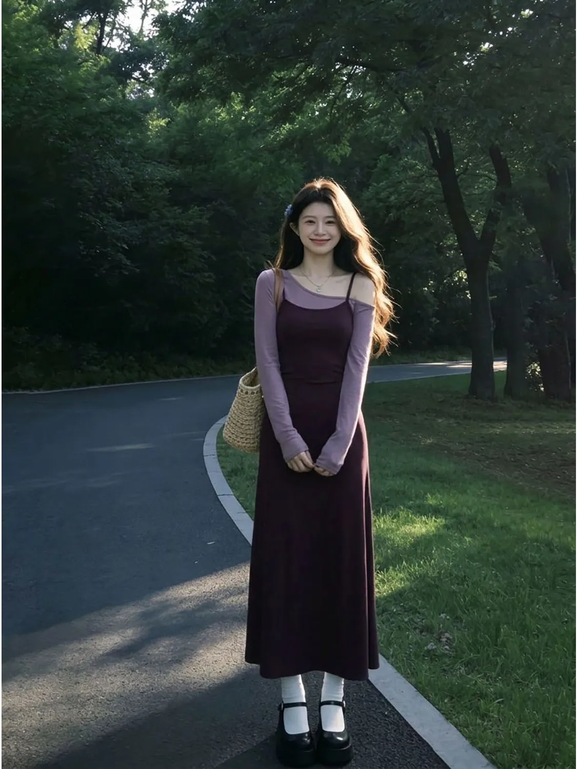 Pure Desire Color Collision Long Sleeve Wrap Waist Slimming Long Dress Fake Two-Piece Strapless Gown Shoulder Baring Design