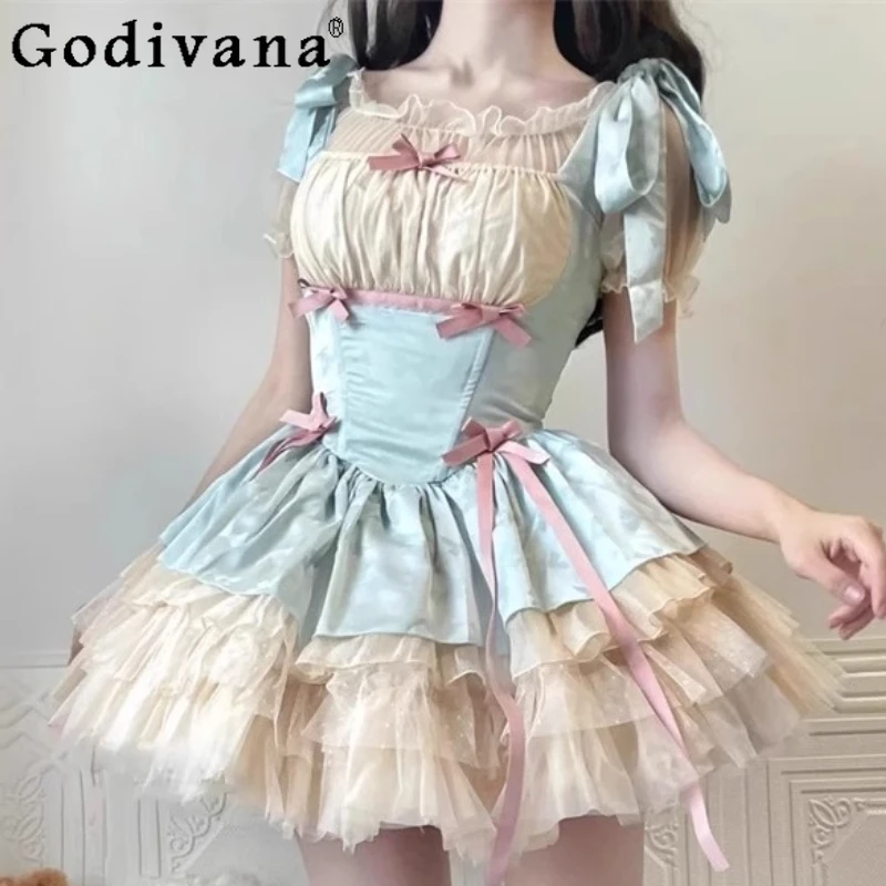 

Elegant Satin Lolita Square Neck Ruffles Bow Cake Suspender Dress Summer Sweet Girl Short Puff Sleeve Versatile Age Reducing Top