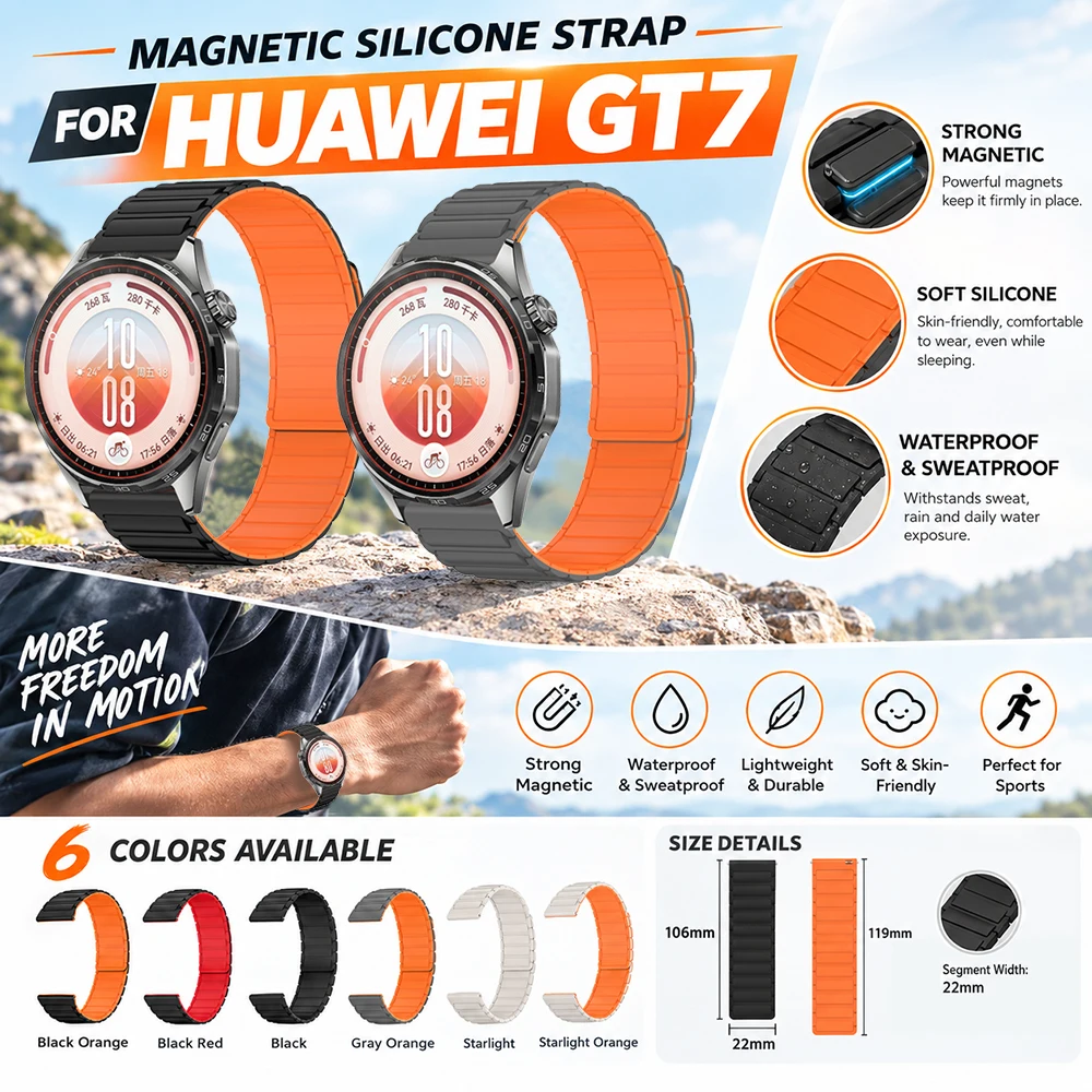 22mm Sport Replacement Gear for HUAWEI Watch GT 7 7Pro 6 5 Pro GT Runner 2 46mm Waterproof Magnetic Soft Silicone Strap Loop
