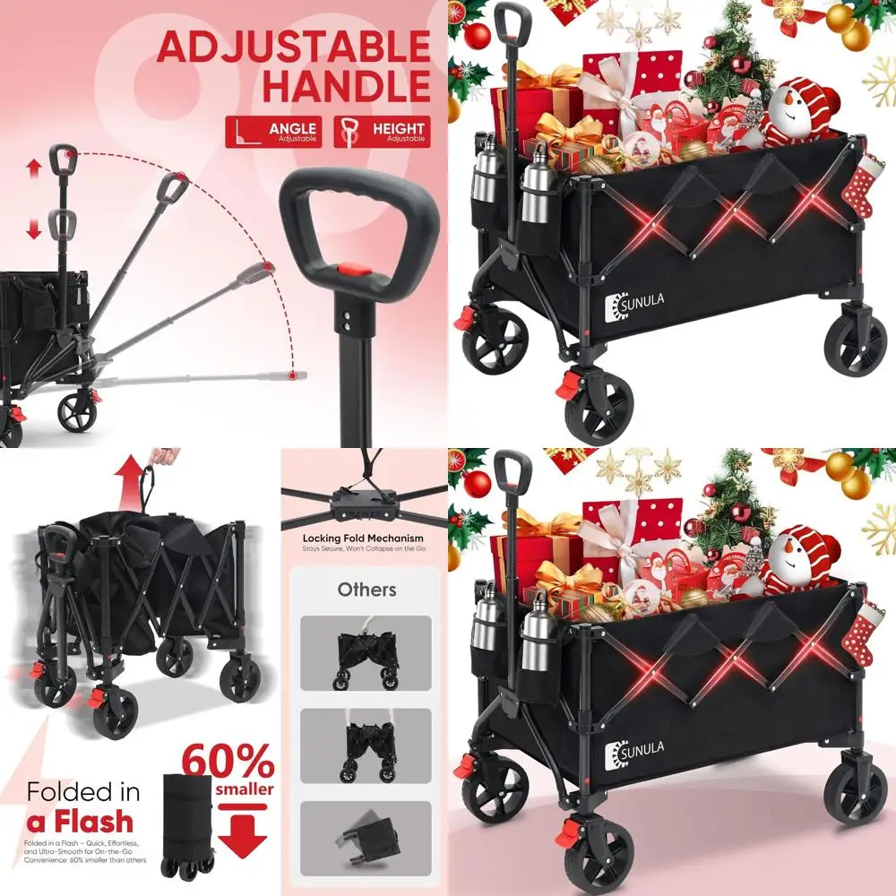 

Сверхмощный складной фургон с нагрузкой 330 фунтов, вездеходными колесами и держателями для напитков — черный