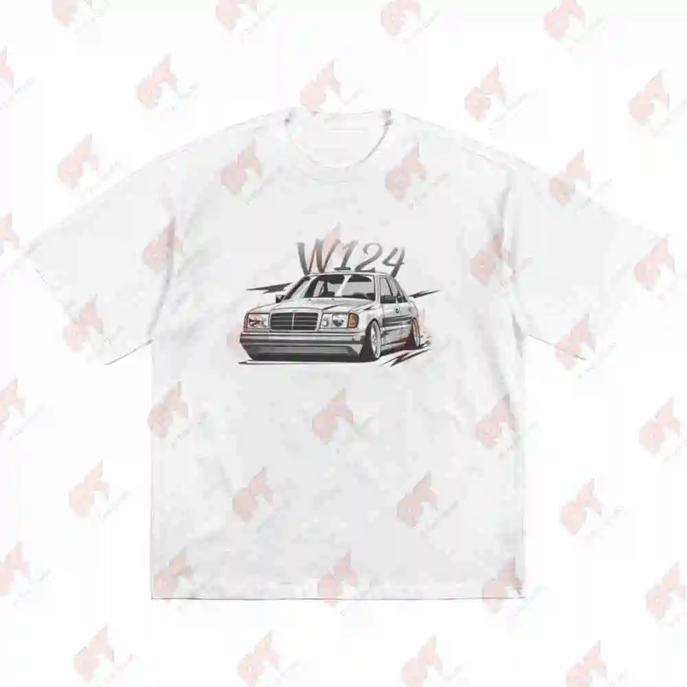 W124 Vintage Car Black White Line Art Short Sleeve Tee 100% Cotton T-Shirt view 2