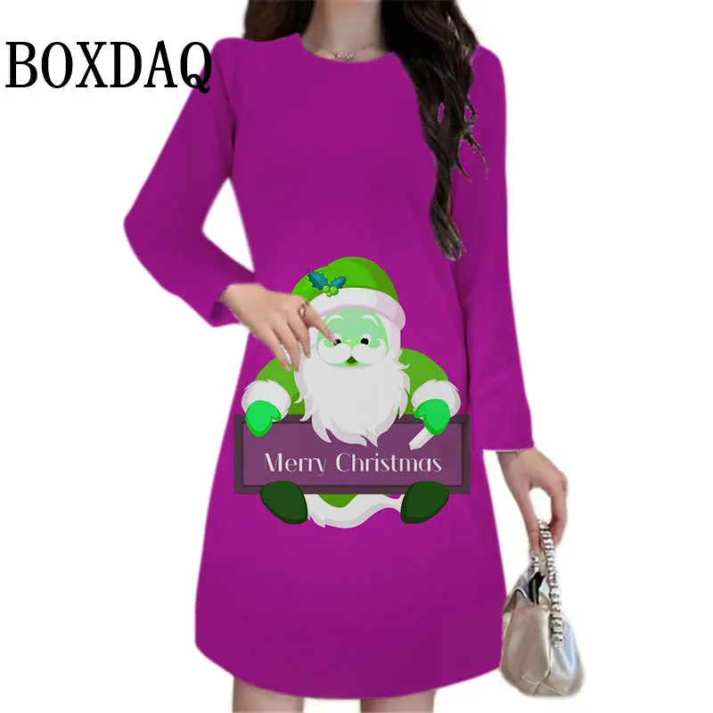 Vestido estampado de Papai Noel feminino, Manga comprida, Mini vestido com decote em O, Casual feminino Festa de Natal, Vestido A, Ano Novo, Inverno, 2022