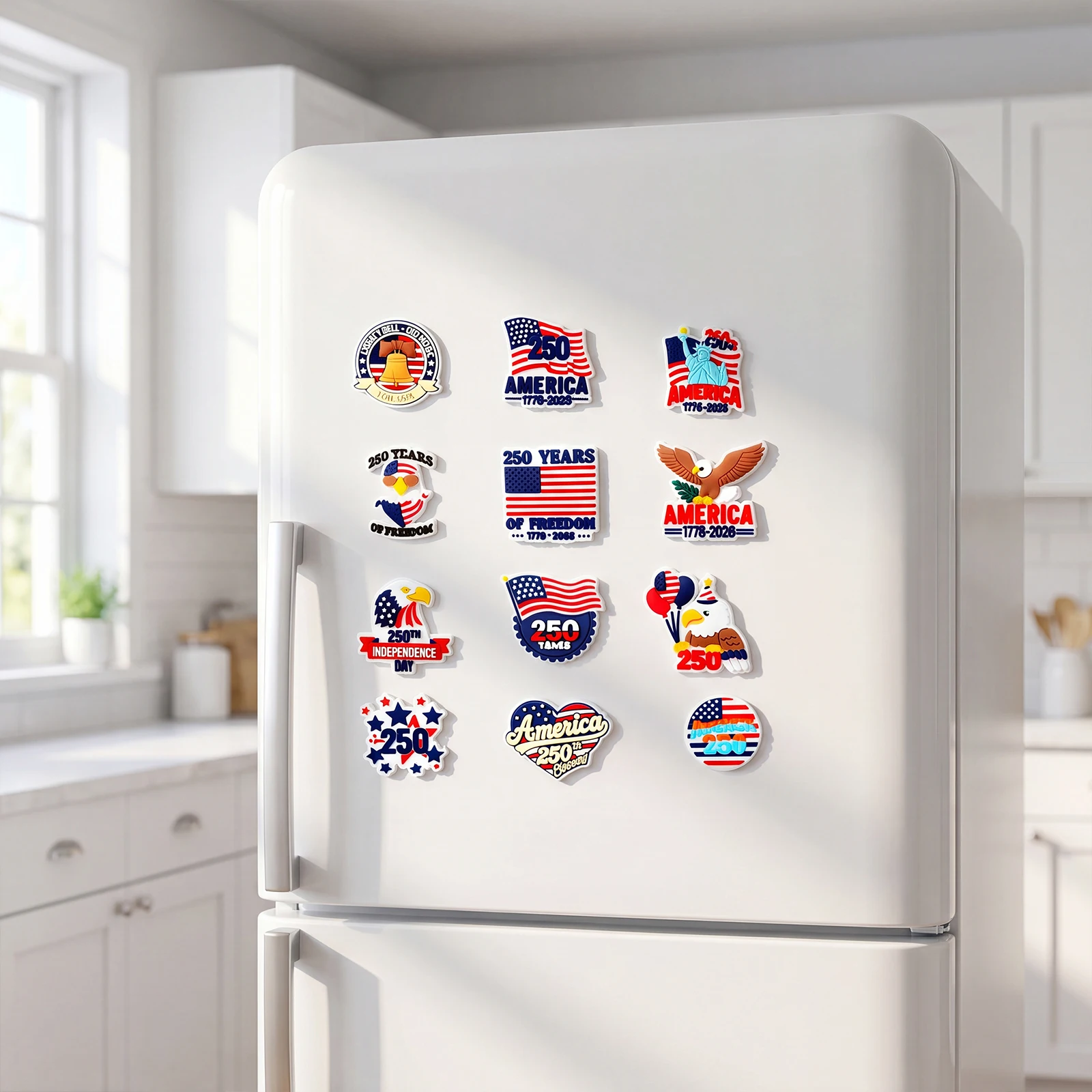 USA 250 Years of Freedom Fridge Magnets, 4th of July Patriotic PVC Soft Stickers, American Eagle Statue of Liberty Metal Surface