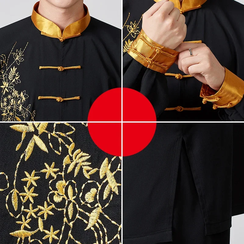 Mężczyźni Tai Chi Clothes Wushu Clothing Three Pieces Kung Fu Dress Martial Art Uniform Performance Black Wrinkle Free 2024 New Style