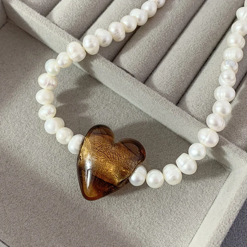 

Natural Pearl New Necklace Retro Trend Necklace Various Colors of Coloured Glaze Love Personalized Design Necklace Sweater Chain