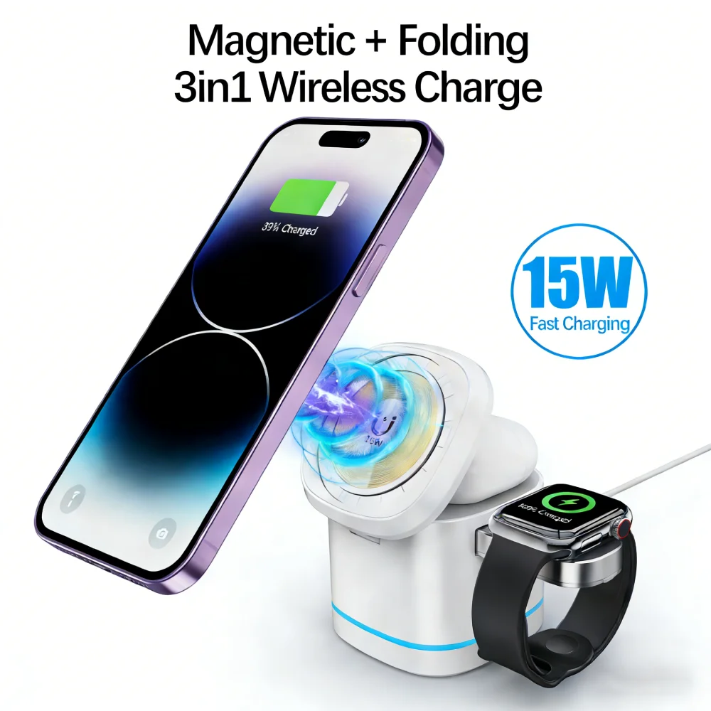 

Магнитная беспроводная зарядная станция 3-в-1 с быстрой зарядкой 15 Вт, складная подставка-док-станция для iPhone и Apple Watch