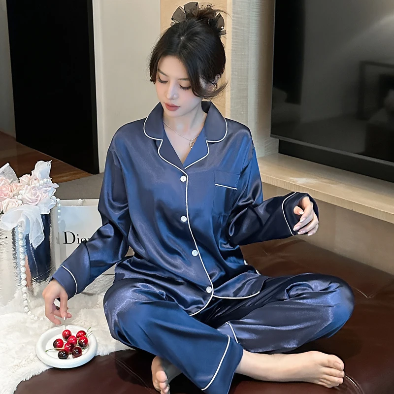 Korean Ins Style Solid Simulated Silk Pajamas for Women 2024 New Two Piece Set Housewear Spring Autumn Fashion Casual Sleepwear