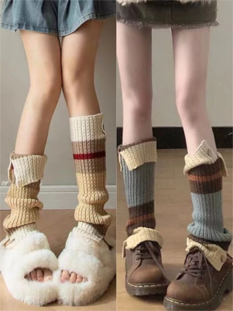 

Autumn New Women Color-blocking Vintage Long Slouch Pile-up Socks Leg Warmers Japanese Style Y2K Sweet Lolita Knitted Leg Covers