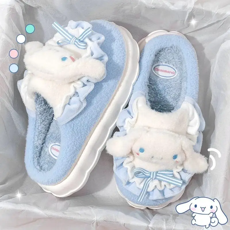 Sanrio Girl Child Slippers Autumn Winter Indoor Cartoon Cotton Shoes Kuromi Cinnamoroll Kawaii Velvet Keep Warm Home Slippers