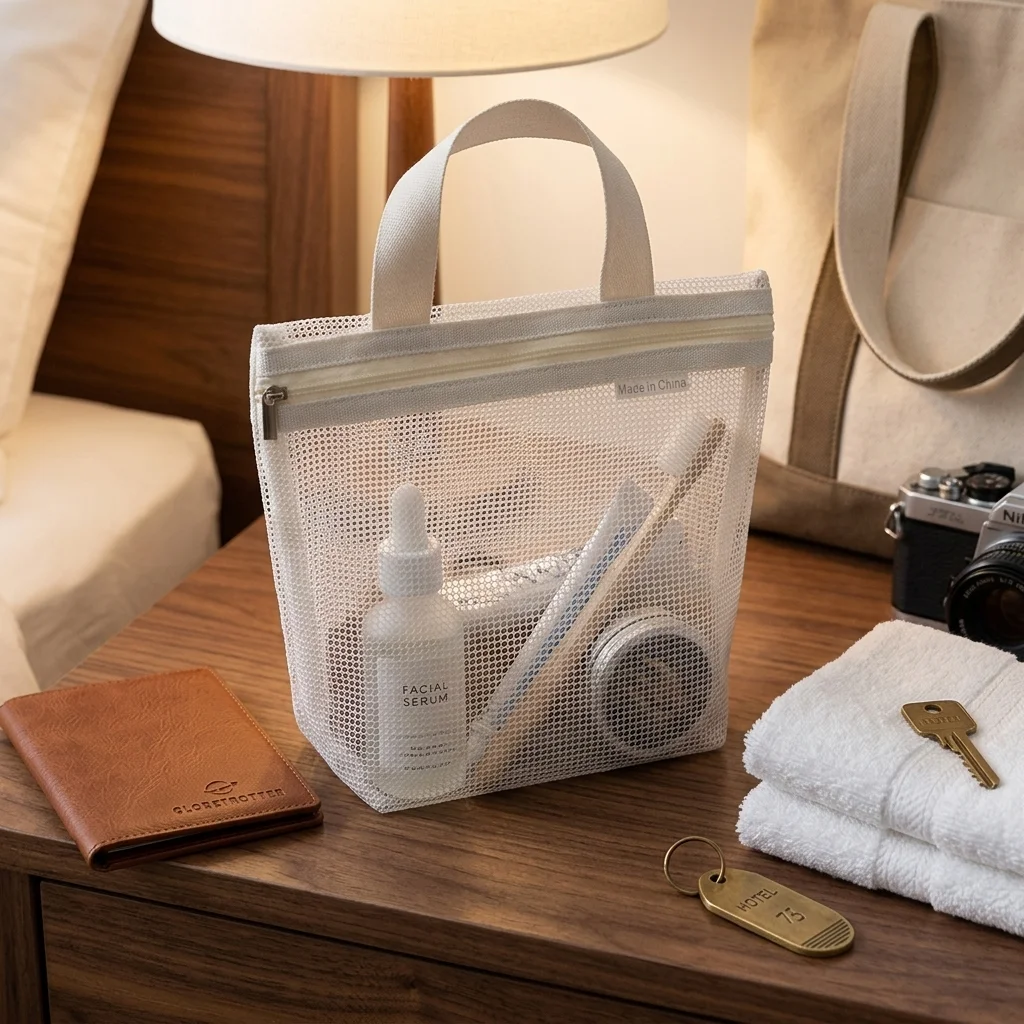Portable Mesh Shower Handbag Mesh Storage Hollowed Dry Caddy with Zipper-out Bath Washing Cloth Control Travel Swimming