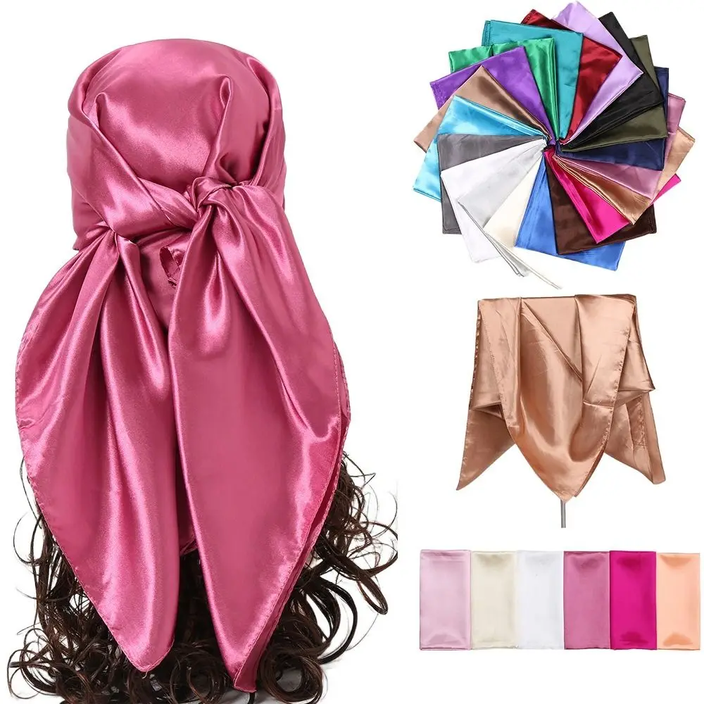 Elegant 90cm Satin Silk Scarf Soft Lightweight Square Neck Scarves Hijab Large Size Pure Color Shawl Outdoor