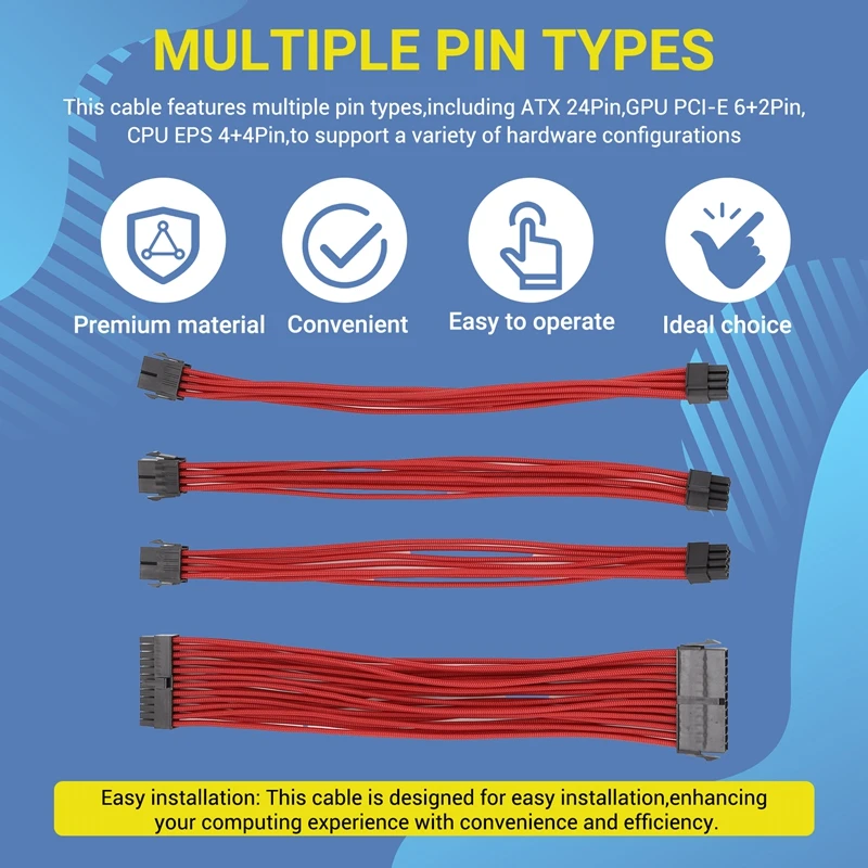 9-Inch Braided Extension Cable Kit Basic Extension Cable For PC Case Comb Included ATX 24 Pin PCIE 6+2Pin CPU 4+4Pin Red