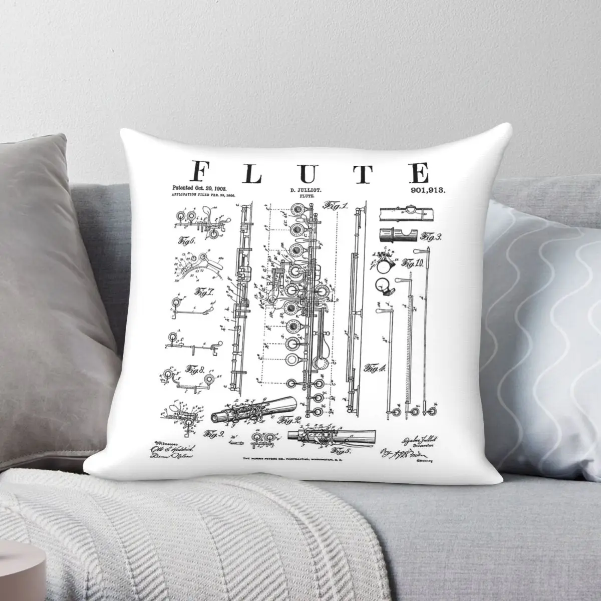 Flute Vintage Patent Flutist Square Pillowcase Polyester Linen Velvet Creative Zip Decorative Throw Pillow Bed Cushion Cover 18