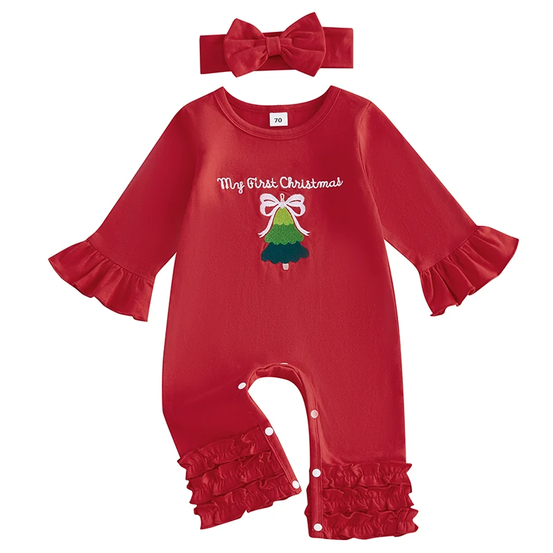 Baby Girl 2Pcs Christmas Outfits Long Sleeve Tree Embroidery Ruffle Jumpsuit with Headband Set Newborn Clothes