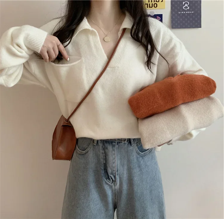 Maglione con scollo a V a maniche lunghe Stile morbido Top lavorato a maglia Dimagrante Retro Moda pigra Casual Autunno Vendita calda della stagione Allentato da donna