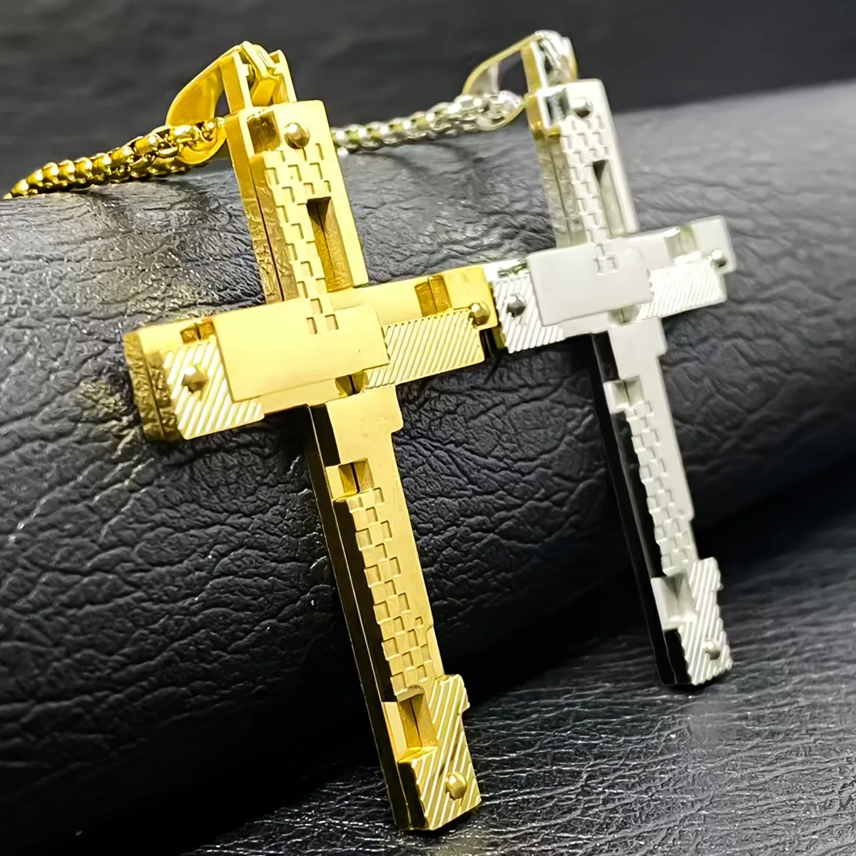 Cross-Border Popular Men's Double-Layer Stainless Steel Trend Hip-Hop Cross Welded Rivet Pendant Necklace