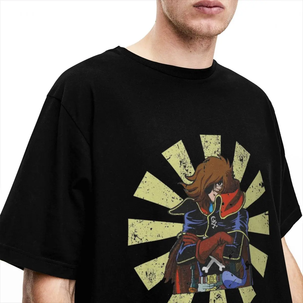 Men Captain Harlock T-Shirts Retro Japan 100% Cotton Clothing Summer Aesthetic Short-Sleeved T-Shirt O-Neck Trend Casual Tshirt