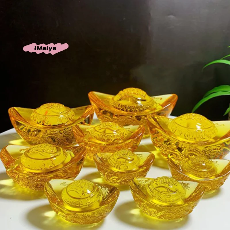 M-Chinese Style Gold Crystal Glass Citrine Ingot Wealth Money Feng Shui Craft Figurine Commemorative Souvenir Colored Glaze
