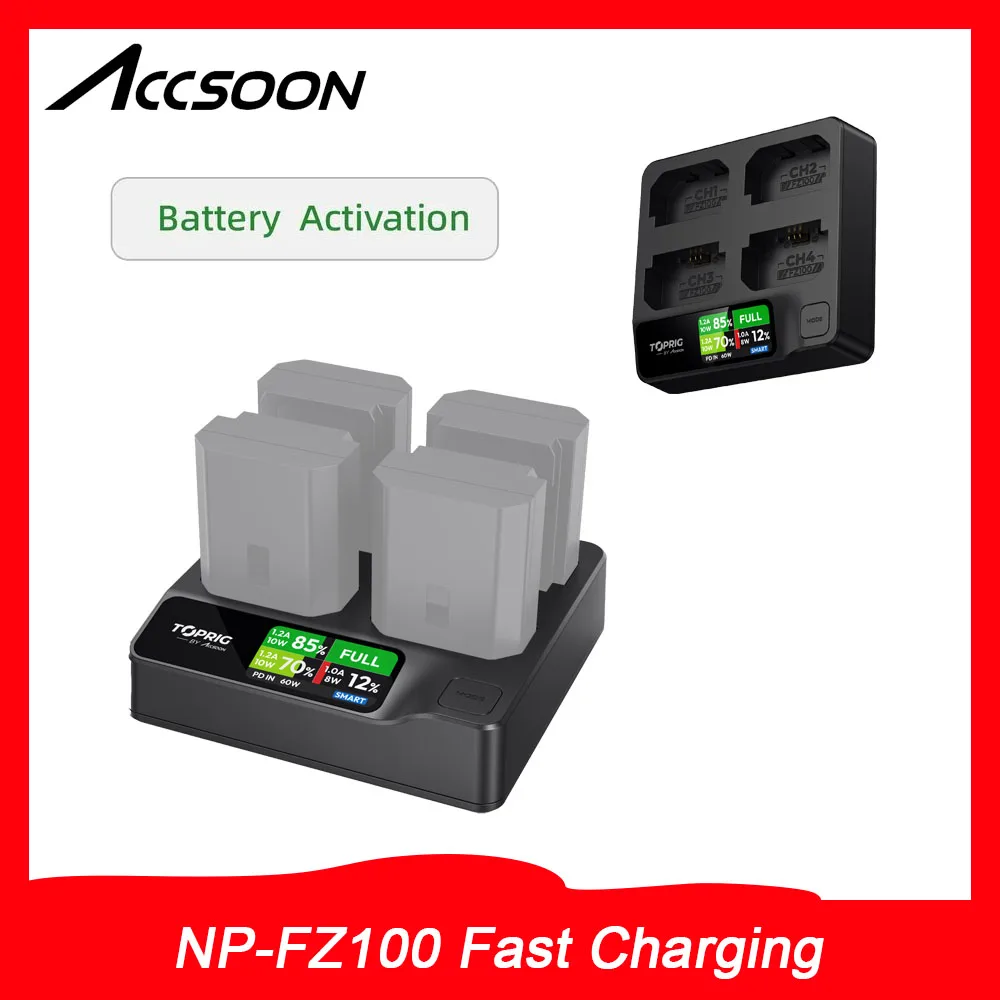 

Accsoon NP-FZ100 4-Bay Smart Charger for Sony FZ100 Batteries - 60W PD 3.0, LCD Display, Battery Revive, Overheat Protection