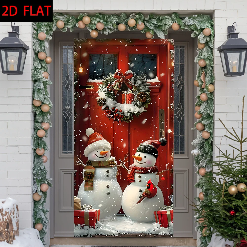 2D-Flugzeug, 2D-Türbanner, 2D-Türbanner mit zwei Weihnachtsmannmützen, Schneemann und Weihnachtskranz-Design