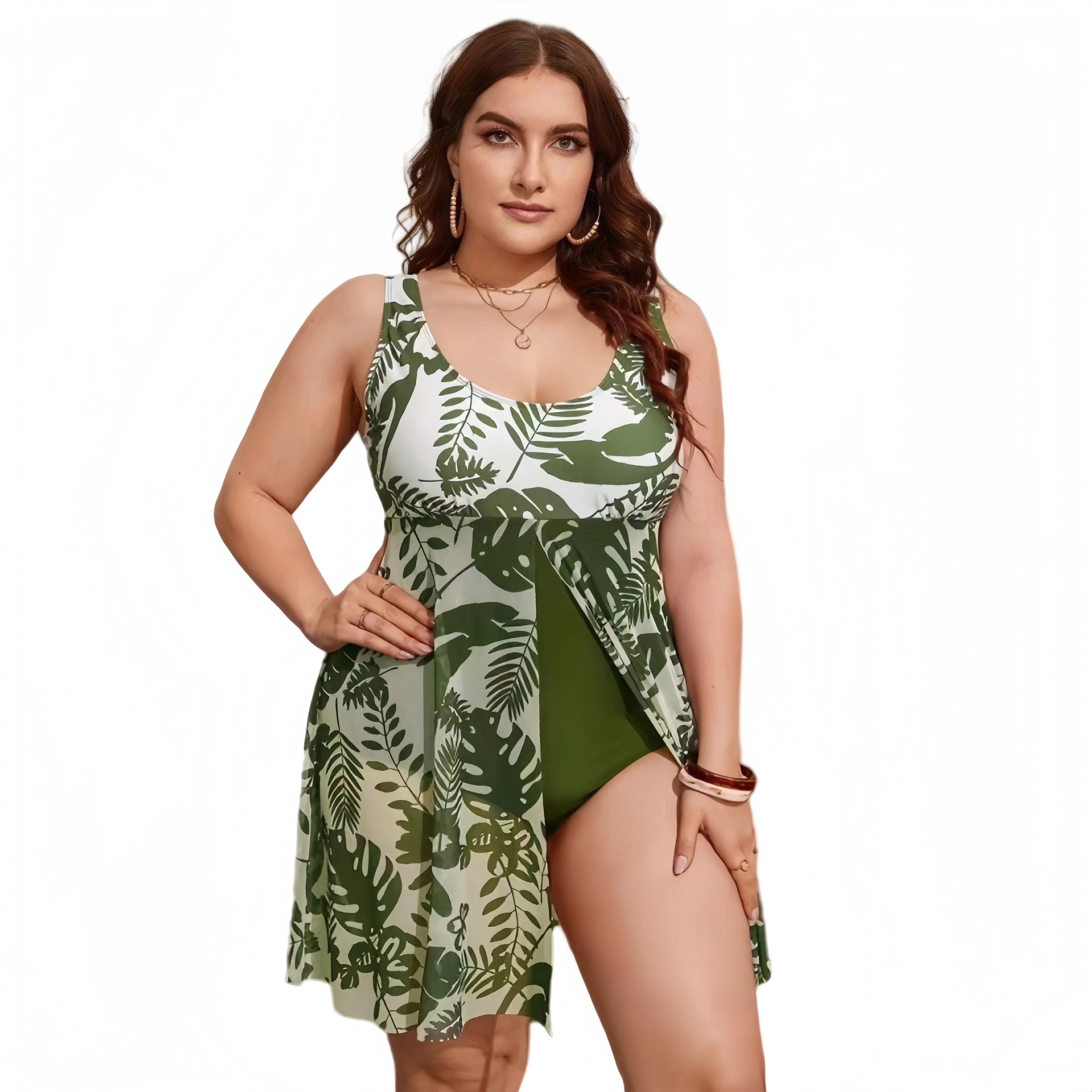 Women Plus Size Swimdress Tankini Tummy Control Floral Print Sleeveless Two Piece Swimsuit Beach Bathing Suit For Curvy Ladies