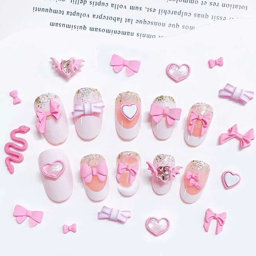 10Pcs Cream Pink Bowknot Nail Art Charms 3D Alloy Cute Pink Heart Bear Snake Nail Rhinestone Kawaii DIY Manicure Accessories